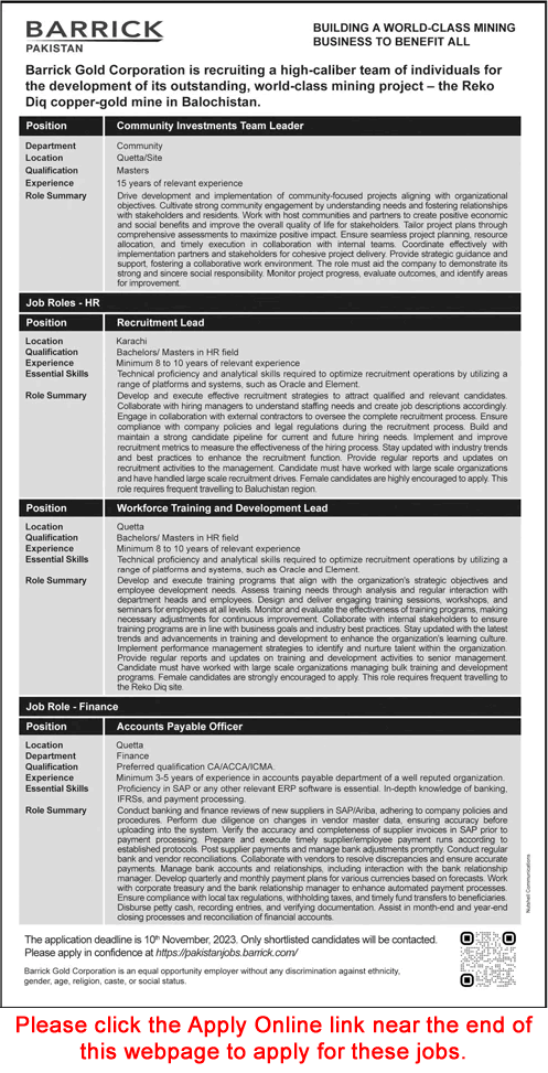 Barrick Gold Corporation Pakistan Jobs 2023 November Apply Online Accounts Officer & Others Latest