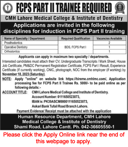 CMH Lahore FCPS Training November 2023 Apply Online Combined Military Hospital Latest