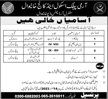 Teaching Jobs in Army Public School and College Khanewal November 2023 APS&C Latest