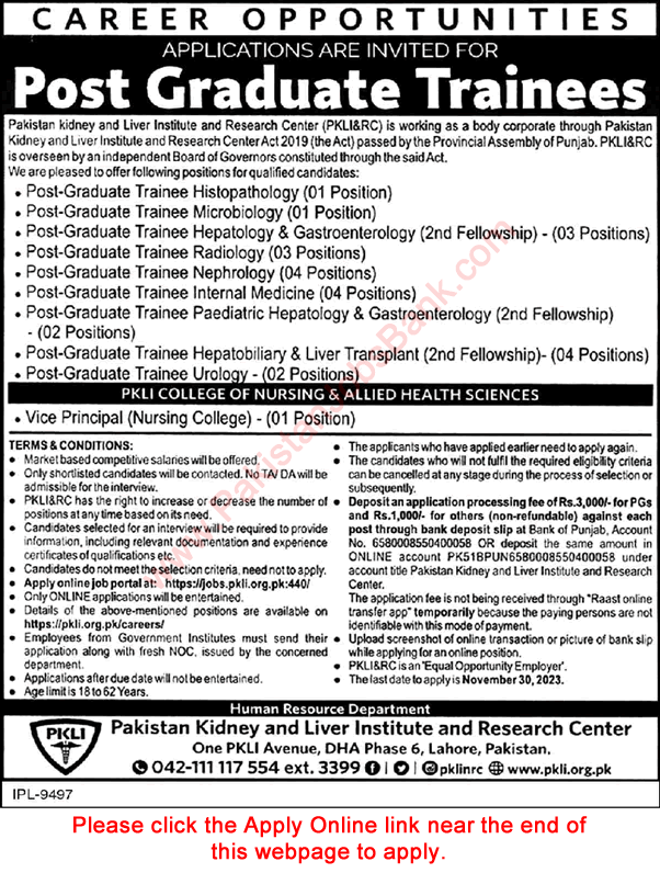 PKLI Lahore Jobs November 2023 Apply Online Postgraduate Trainees & Vice Principal Latest