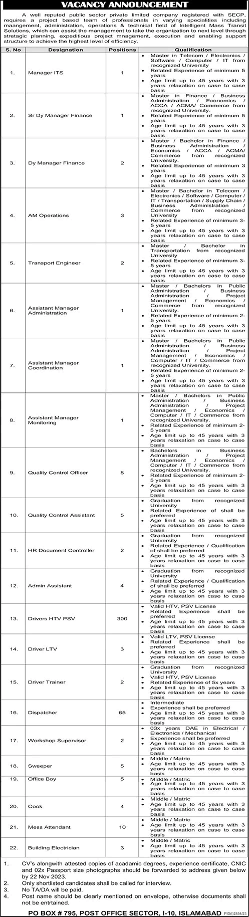 PO Box 795 Islamabad Jobs November 2023 Public Sector Organization Drivers & Others Latest