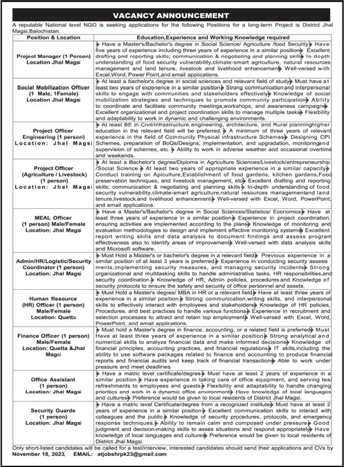 NGO Jobs in Balochistan November 2023 Project Officers & Others Latest
