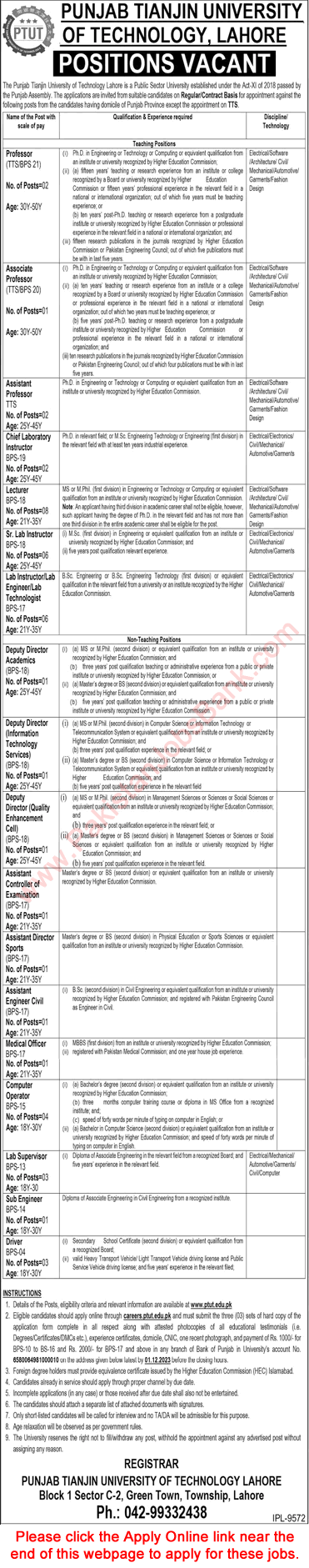 Punjab Tianjin University of Technology Lahore Jobs 2023 November Apply Online Teaching Faculty & Others Latest