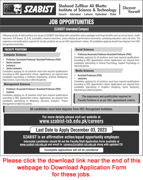 Teaching Faculty Jobs in SZABIST Islamabad November 2023 Application Form Latest