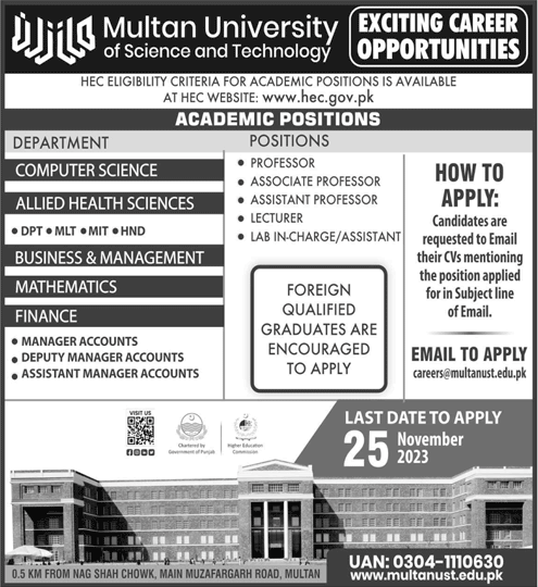 Multan University of Science and Technology Jobs November 2023 Teaching Faculty & Others Latest