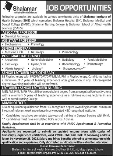 Shalamar Institute of Health Sciences Lahore Jobs November 2023 Postgraduate Trainees & Others Latest
