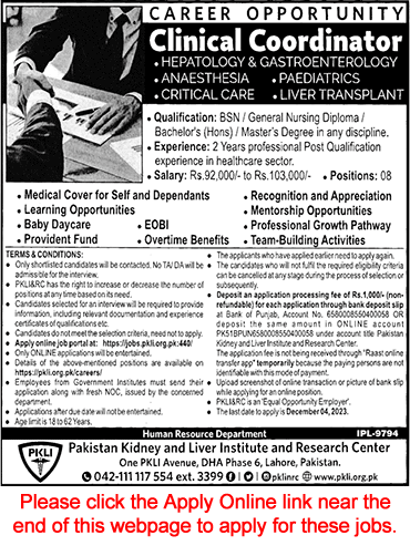Clinical Coordinator Jobs in PKLI Lahore November 2023 Apply Online Pakistan Kidney and Liver Institute and Research Center Latest