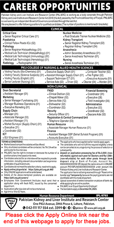 PKLI Lahore Jobs November 2023 Apply Online Pakistan Kidney and Liver Institute and Research Center Latest