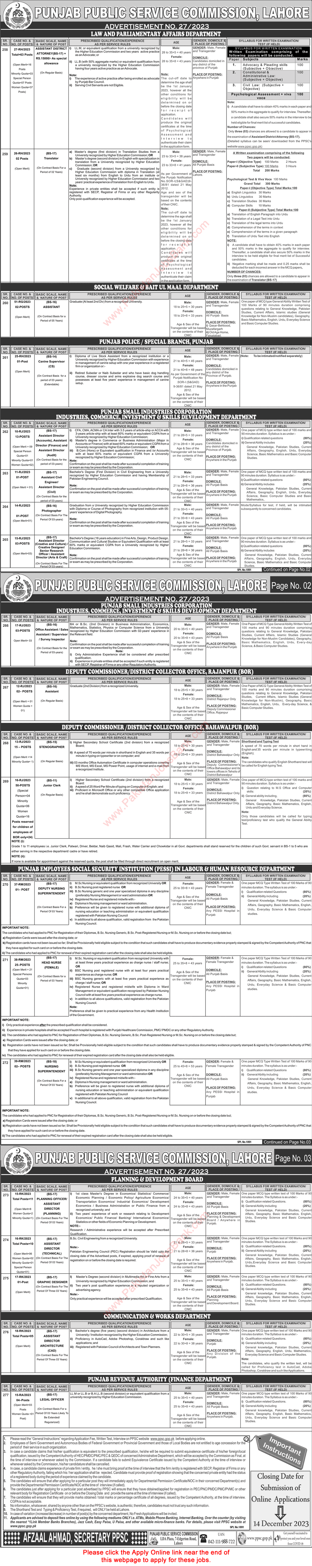 PPSC Jobs November 2023 Online Apply Consolidated Advertisement No 27/2023 Latest