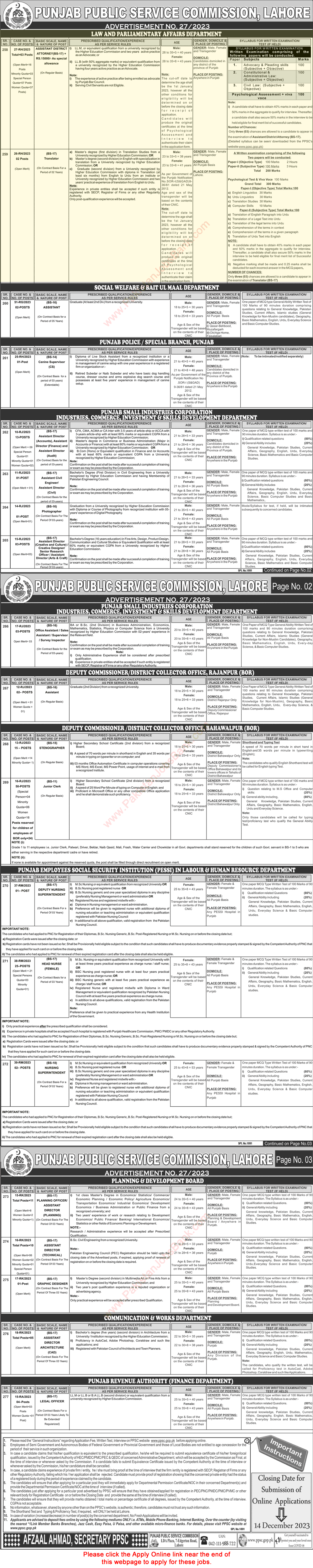 Law and Parliamentary Affairs Department Punjab Jobs November 2023 PPSC Apply Online Assistant District Attorney & Translators Latest