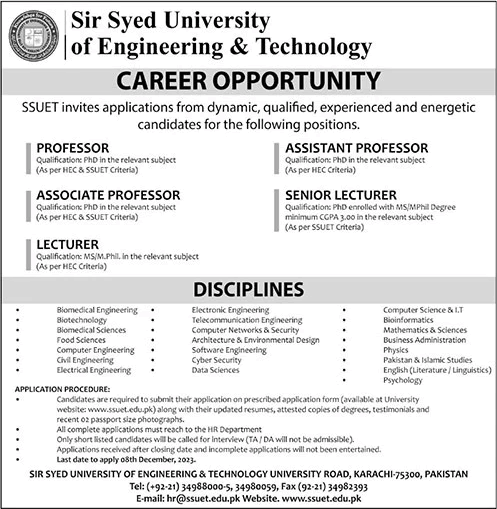 Teaching Faculty Jobs in Sir Syed University of Engineering and Technology Karachi 2023 November Latest