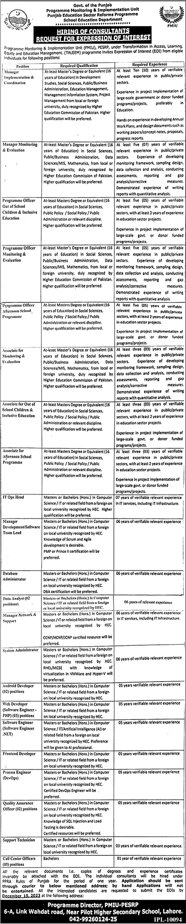 School Education Department Punjab Jobs November 2023 December Associates, Assistants & Others Latest