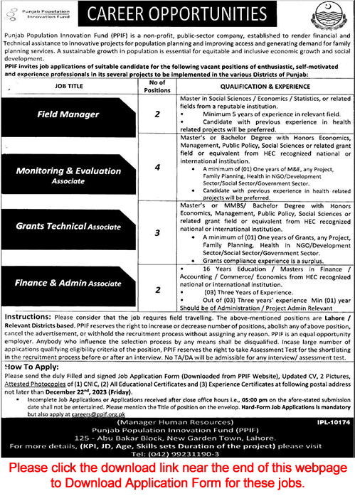 Punjab Population Innovation Fund Lahore Jobs 2023 December Application Form Monitoring and Evaluation Associate & Others Latest