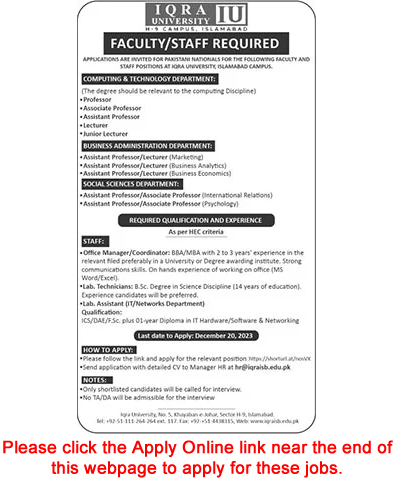 Iqra University Islamabad Jobs December 2023 Apply Online Teaching Faculty & Others Latest