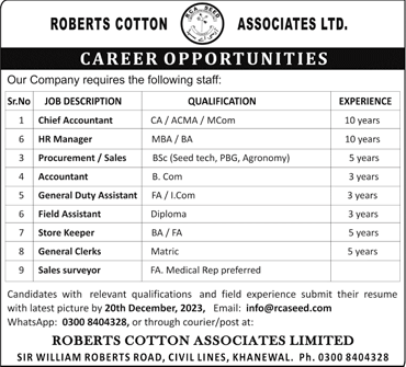 Roberts Cotton Associates Limited Khanewal Jobs 2023 December Clerks & Others Latest
