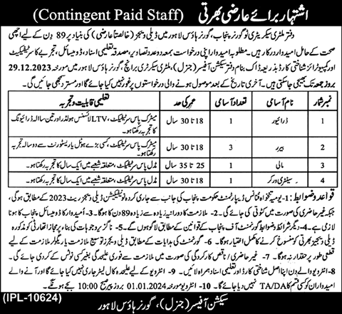 Governor House Lahore Jobs December 2023 Bearers, Driver, Mali & Sanitary Worker Latest