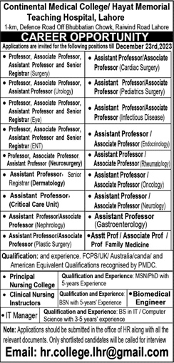 Continental Medical College Lahore Jobs 2023 December Teaching Faculty & Others Latest
