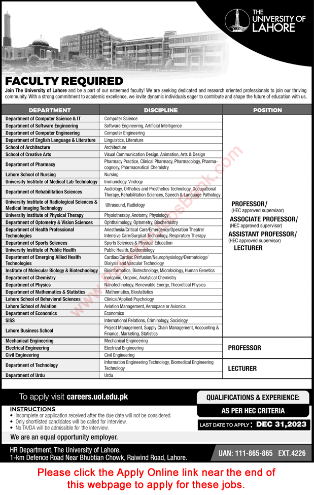 Teaching Faculty Jobs in University of Lahore December 2023 Online Apply UOL Latest