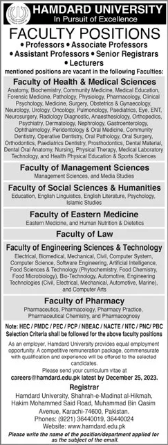 Teaching Faculty Jobs in Hamdard University Karachi December 2023 Latest