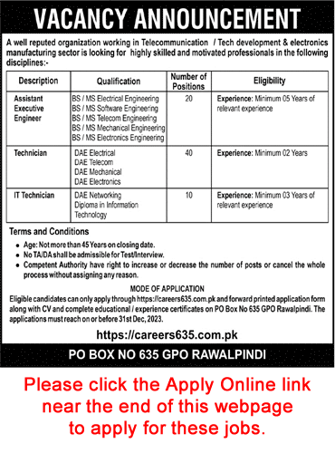 PO Box 635 GPO Rawalpindi Jobs December 2023 / 2024 Online Apply Engineers & DAE Technicians Latest