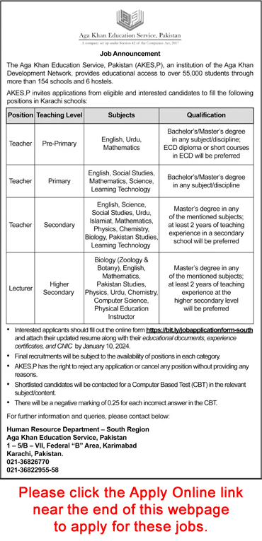 Aga Khan Education Service Pakistan Jobs December 2023 / 2024 Online Apply School Teachers in Karachi Latest
