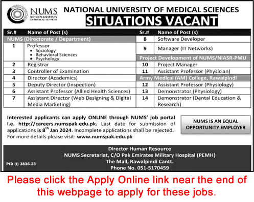 NUMS University Rawalpindi Jobs December 2023 / 2024 Apply Online Teaching Faculty & Others Latest
