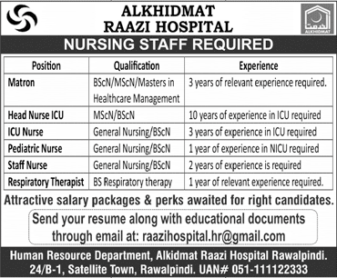 Alkhidmat Raazi Hospital Rawalpindi Jobs December 2023 / 2024 Nurses & Therapist Latest