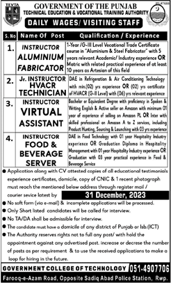 Instructor Jobs in TEVTA Rawalpindi December 2023 / 2024 Government College of Technology Latest
