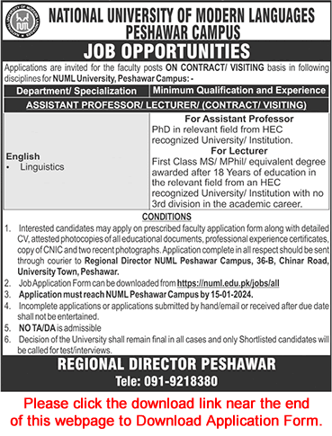 Assistant Professor / Lecturer Jobs in NUML University Peshawar December 2023 / 2024 Application Form Latest