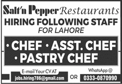 Chef Jobs in Lahore 2024 Salt'n Pepper Restaurants Latest