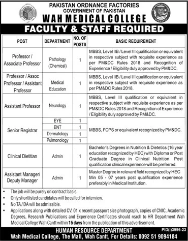 Wah Medical College Jobs 2024 Teaching Faculty & Others POF Latest
