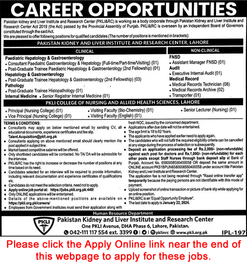 PKLI Lahore Jobs 2024 Online Apply Pakistan Kidney and Liver Institute and Research Center Latest