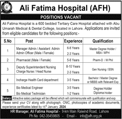 Ali Fatima Hospital Lahore Jobs 2024 Nurse, Assistant Admin Officer & Others Latest