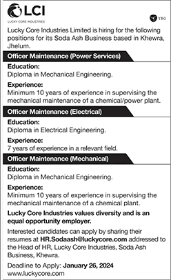Maintenance Officer Jobs in Lucky Core Industries Limited Khewra Jhelum 2024 January Latest