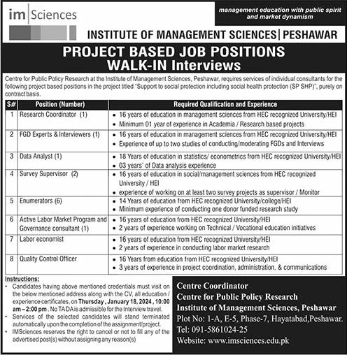 Institute of Management Sciences Peshawar Jobs 2024 IMSciences Walk In Interview Latest