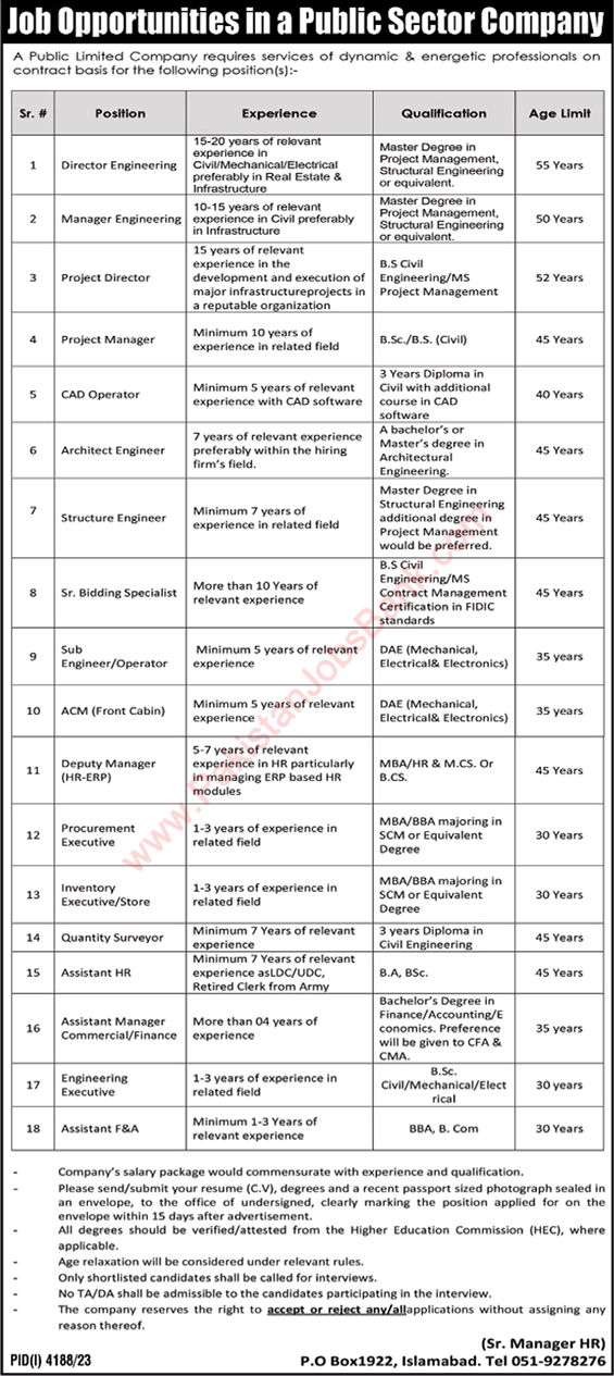 PO Box 1922 Islamabad Jobs 2024 Public Sector Company Assistant Managers, Engineers & Others Latest