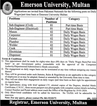 Emerson University Multan Jobs 2024 Sub Engineers & Others Latest