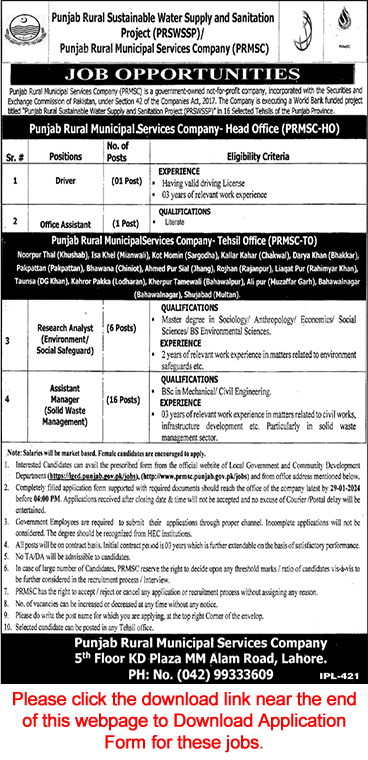 Punjab Rural Municipal Services Company Jobs 2024 Application Form Assistant Managers & Others Latest
