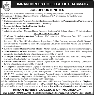 Imran Idrees College of Pharmacy Sialkot Jobs 2024 Teaching Faculty & Other Staff Latest