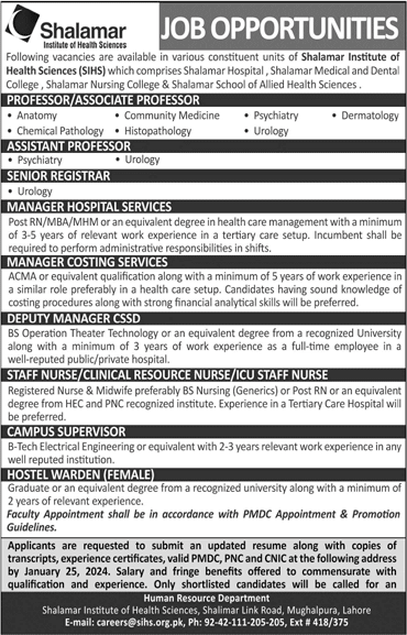 Shalamar Institute of Health Sciences Lahore Jobs 2024 SIHS Teaching Faculty & Others Latest