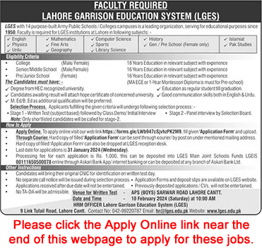 Teaching Faculty Jobs in Lahore Garrison Education System 2024 LGES Apply Online Latest