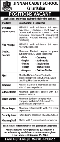 Jinnah Cadet School Kallar Kahar Jobs 2024 Teachers & Others Latest