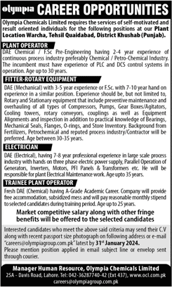 Olympia Chemicals Khushab Jobs 2024 OCL Latest DAE Trainee Plant Operators, Fitters & Electricians