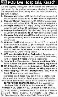 POB Eye Hospital Karachi Jobs 2024 Marketing Managers & Others Latest