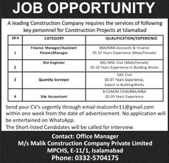 Construction Company Jobs in Islamabad 2024 Site Engineer, Finance Manager & Others Latest