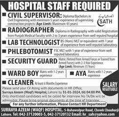 Surayya Azeem Waqf Hospital Lahore Jobs 2024 Ward Boy, Security Guard & Others Latest