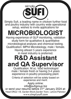 Simply Sufi Lahore Jobs 2024 Microbiologist, R&D Assistant & QA Supervisor Latest