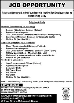 Pakistan Rangers Sindh Foundation Karachi Jobs 2024 Clerks & Others Latest