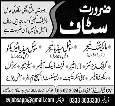 Marketing Company Jobs in Lahore 2024 January Social Media Managers & Others Latest
