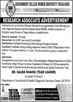 Research Associate Jobs in Government College Women University Faisalabad 2024 January / February GCWUF Latest